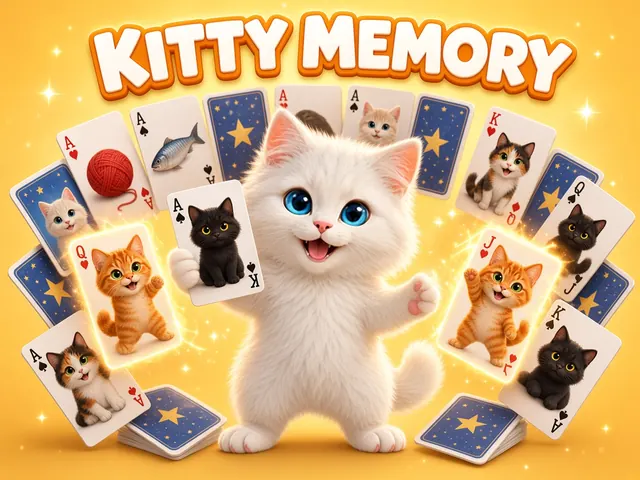 Kitty Memory cover: a white kitten holding kitty picture cards